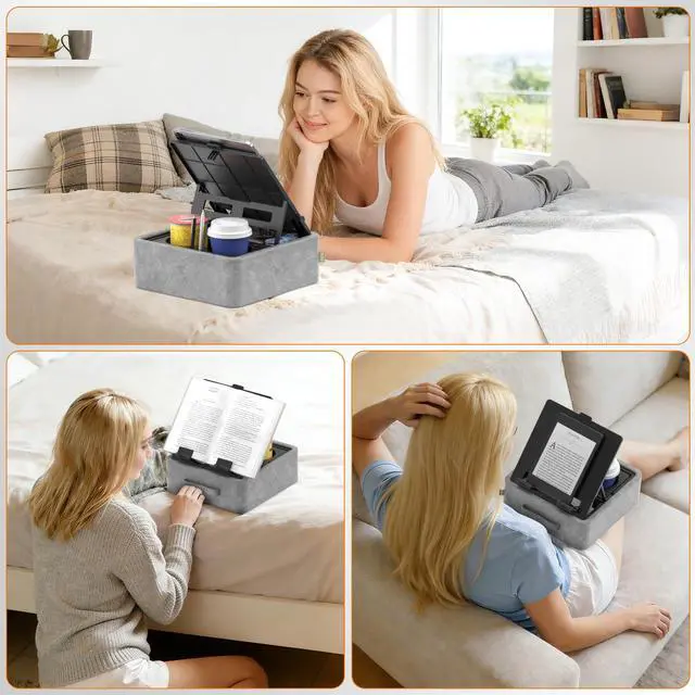 Alt view image 4 of 7 - 5 in 1 Tablet Pillow Holder, Foldable iPad Stand with Storage Tray, 2 Cup Holders and Pen Slot, Adjustable Reading Pillow for Lap, Bed, Desk and Couch Compatible with iPad Pro 12.9, Air, E-Reader