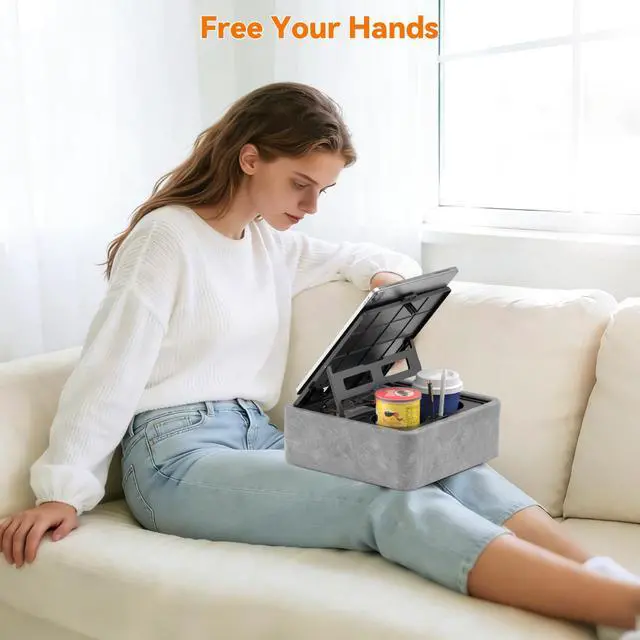 Alt view image 5 of 7 - 5 in 1 Tablet Pillow Holder, Foldable iPad Stand with Storage Tray, 2 Cup Holders and Pen Slot, Adjustable Reading Pillow for Lap, Bed, Desk and Couch Compatible with iPad Pro 12.9, Air, E-Reader