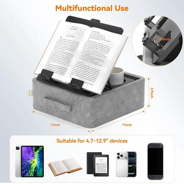 Alt view image 7 of 7 - 5 in 1 Tablet Pillow Holder, Foldable iPad Stand with Storage Tray, 2 Cup Holders and Pen Slot, Adjustable Reading Pillow for Lap, Bed, Desk and Couch Compatible with iPad Pro 12.9, Air, E-Reader