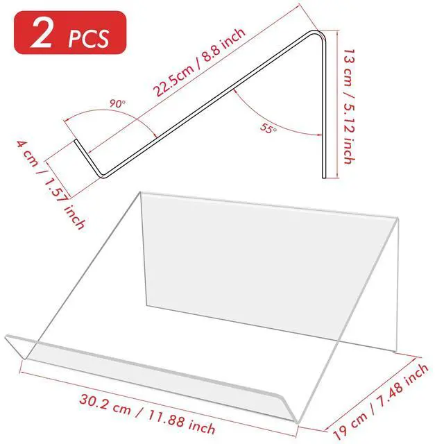 Alt view image 2 of 7 - Book Stands for Display, 2 Pack Slightly Elevated Clear Acrylic Book Display Stand with 1.5" Ledge, Book Easel Anti-slip Border for Handwriting Reading Art and Laptop, 12"x8.5"x5.1"