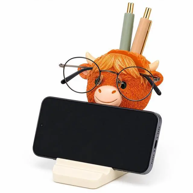 Main image of Highland Coo Mate Highland Cow Desk Organizer for Glasses, Phone & Pens, Hand-Painted Phone Stand & Eyeglass Holder Gift for Cow Lovers