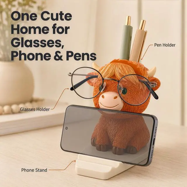 Alt view image 2 of 7 - Highland Coo Mate Highland Cow Desk Organizer for Glasses, Phone & Pens, Hand-Painted Phone Stand & Eyeglass Holder Gift for Cow Lovers
