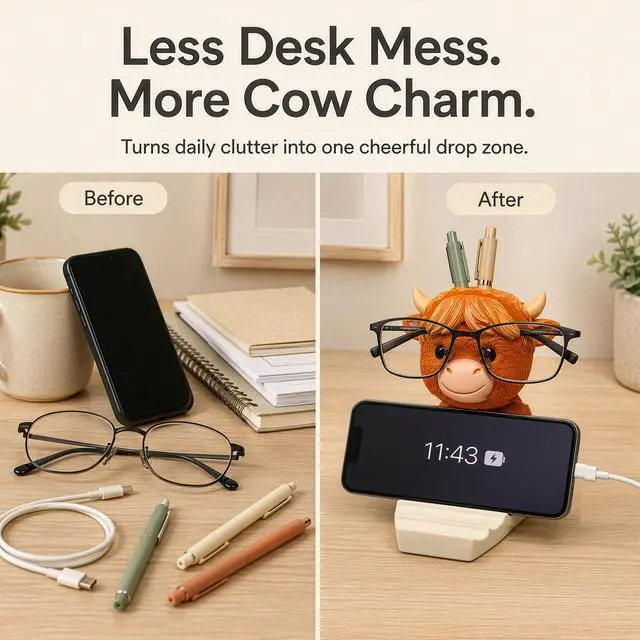 Alt view image 7 of 7 - Highland Coo Mate Highland Cow Desk Organizer for Glasses, Phone & Pens, Hand-Painted Phone Stand & Eyeglass Holder Gift for Cow Lovers
