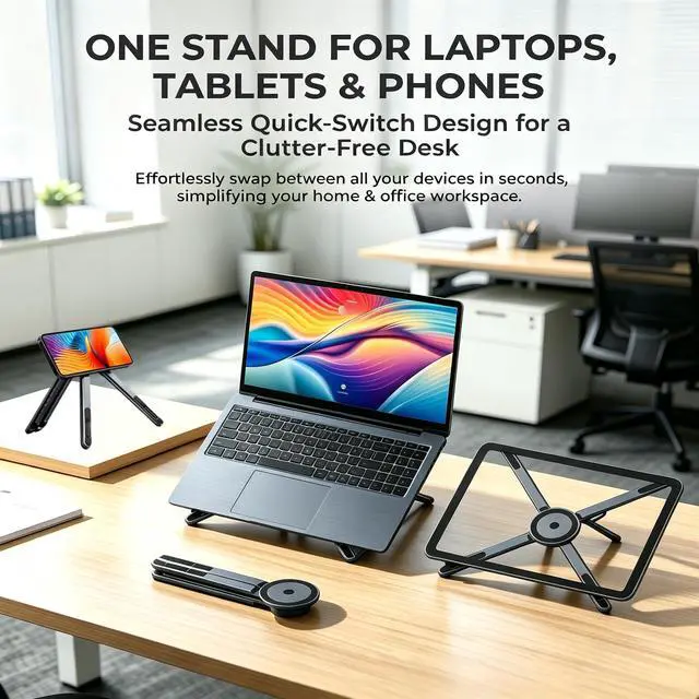 Alt view image 3 of 7 - 4-in-1 Foldable Laptop Stand with N52 Magnetic Phone Holder, Portable Aluminum Computer Stand for MacBook/ iPad/ Tablet, Adjustable Ergonomic Desk Stand for Home Office College Dorm & Travel Giftable
