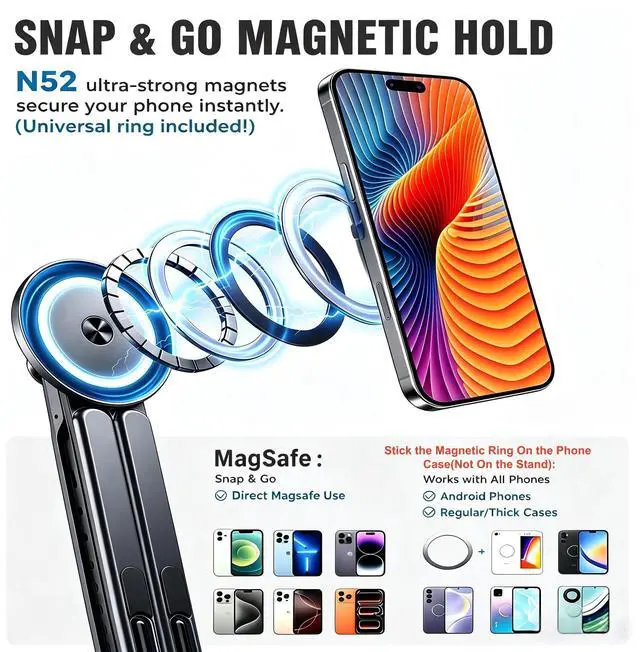 Alt view image 2 of 7 - 4-in-1 Foldable Laptop Stand with N52 Magnetic Phone Holder, Portable Aluminum Computer Stand for MacBook/ iPad/ Tablet, Adjustable Ergonomic Desk Stand for Home Office College Dorm & Travel Giftable