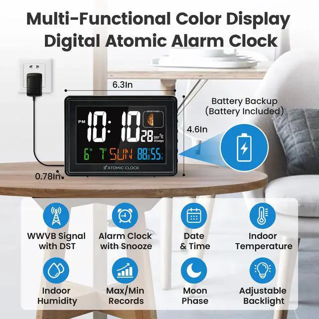 Alt view image 2 of 7 - Digital Atomic Alarm Clocks for Bedrooms Battery Backup
