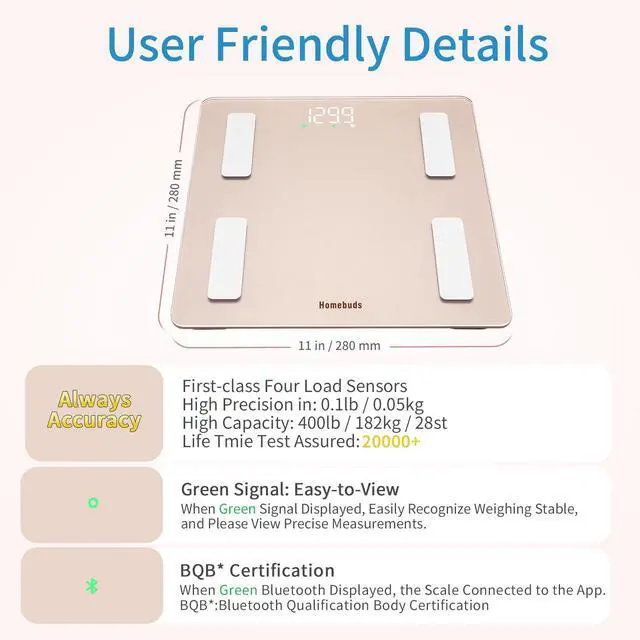 Alt view image 3 of 7 - FSA&HSA Smart Weight Scale, Precision 0.1lb by Our Professional Scale Factory Since 2001, Bluetooth Scale for Body Weight App Sync 13 Body Composition BMI and Body Fat, 400lb, Rose Gold