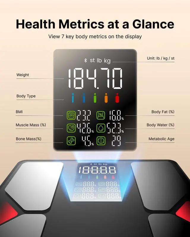 Alt view image 2 of 6 - Smart Scale for Body Weight, Body Fat, Bmi, 7-in-1 Display, 500Ibs