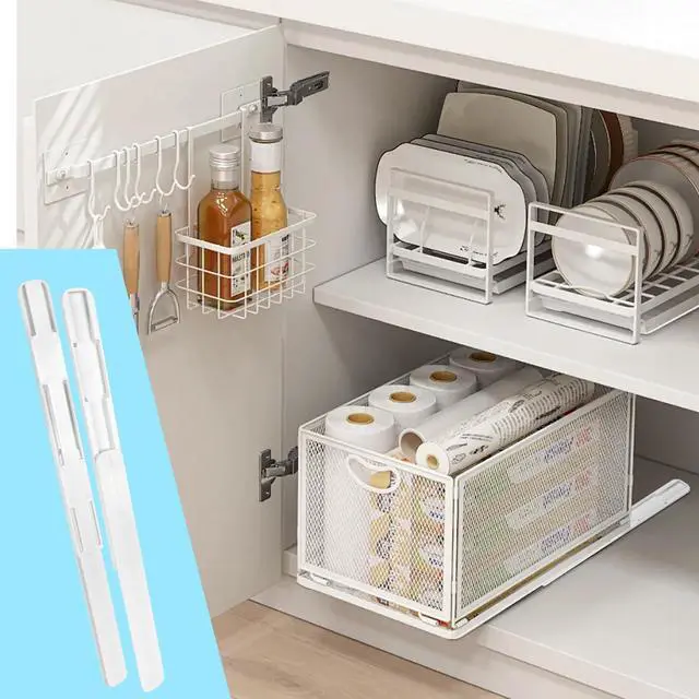 Alt view image 4 of 7 - 6 Pcs Adhesive Sliders for Cabinets Pull Out Drawer Organizer Accessories Pull Out Rail for Baskets,Bins,Cabinet,Shelves Basket Office Glide Cabinet Tracks Runner DIY Drawer Organizers Slides