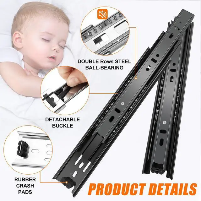 Alt view image 4 of 7 - 12 inch Drawer Slides 4 Pairs (8pcs) 3 fold Full Extension Side Mount Cabinet Drawer Glides 12" Black Cabinet Rails for Dresser, Cabinet, Kitchen,Trash Can, Wardrobe 100 LB Capacity