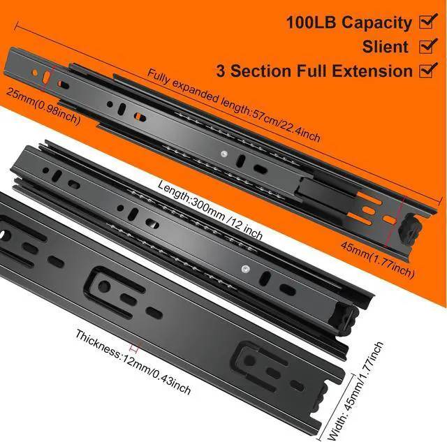 Alt view image 2 of 7 - 12 inch Drawer Slides 4 Pairs (8pcs) 3 fold Full Extension Side Mount Cabinet Drawer Glides 12" Black Cabinet Rails for Dresser, Cabinet, Kitchen,Trash Can, Wardrobe 100 LB Capacity