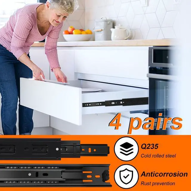 Alt view image 5 of 7 - 12 inch Drawer Slides 4 Pairs (8pcs) 3 fold Full Extension Side Mount Cabinet Drawer Glides 12" Black Cabinet Rails for Dresser, Cabinet, Kitchen,Trash Can, Wardrobe 100 LB Capacity