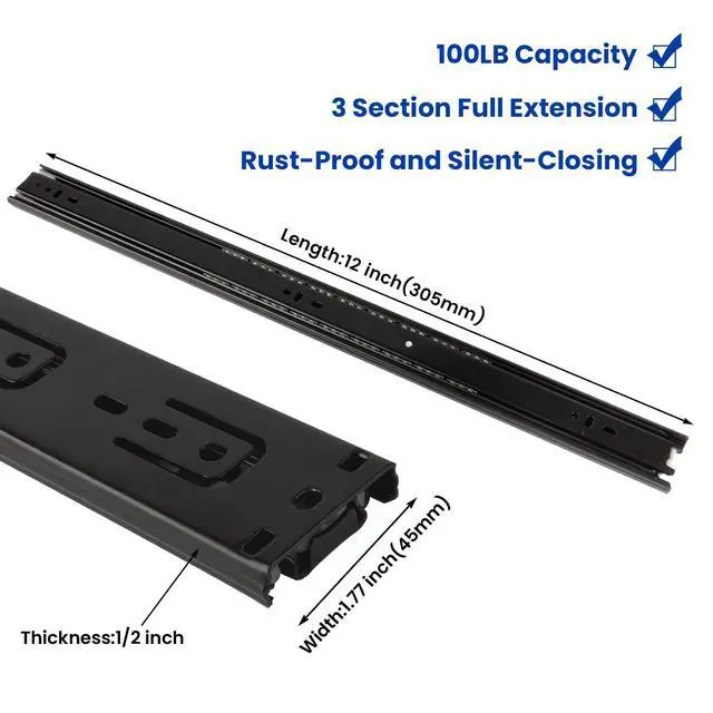 Alt view image 2 of 7 - 1 Pair Black Side Mount Drawer Slides 12 Inch Heavy Duty Rails