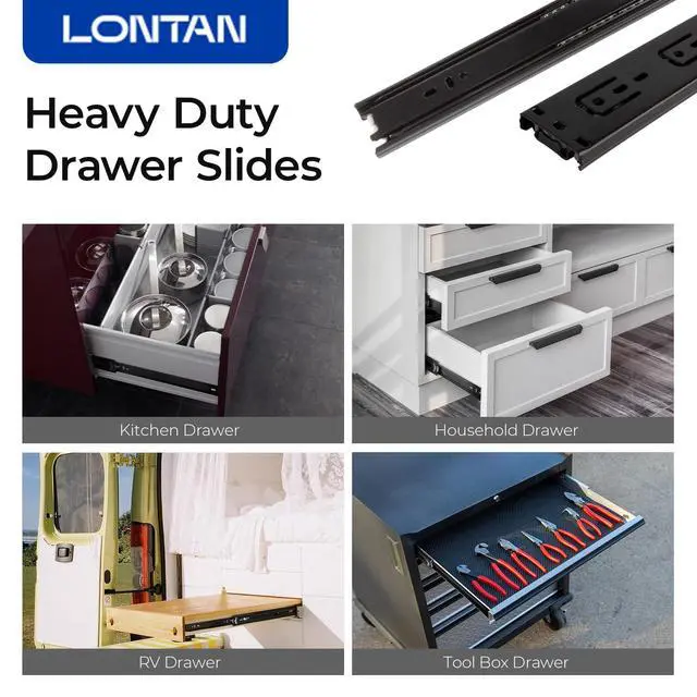 Alt view image 6 of 7 - 1 Pair Black Side Mount Drawer Slides 12 Inch Heavy Duty Rails