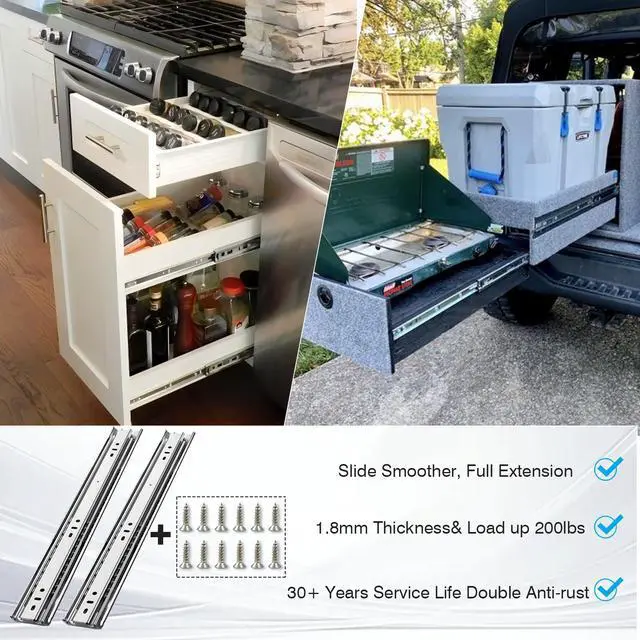 Alt view image 6 of 6 - Thickened 200Lbs Heavy Duty Drawer Slides 1 Pair 10 12 14 16 18 20 22 24 32 40 Full Extension Ball Bearing Sliding Rails Cabinet Tool Box Runners Tracks Glides (16" L)
