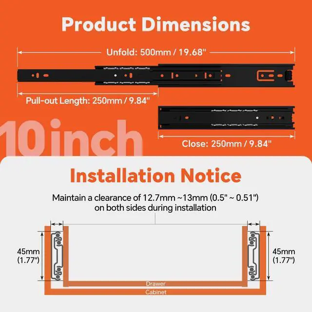 Alt view image 2 of 6 - 10 Inch Side Mount Drawer Slides, Black, Full Extension, 1 Pair