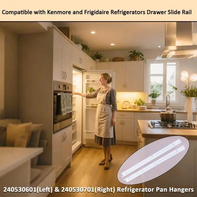 Alt view image 5 of 5 - Upgrade 240530601(Left) & 240530701(Right) Refrigerator Drawer Slide Rail Replacement, Pan Hangers Slide Only Compatible with Ken-more and Frigidaire Refrigerator, Replace Part for 240460401 240460501