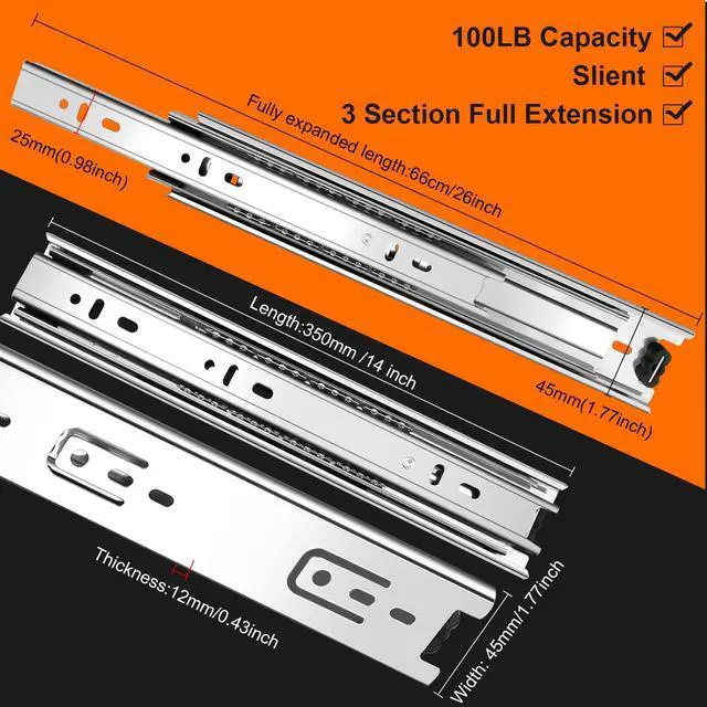 Alt view image 2 of 7 - 14 inch Drawer Slides 4 Pairs (8pcs) 3 fold Full Extension Side Mount Cabinet Drawer Glides 14" Silver Cabinet Rails for Dresser, Cabinet, Kitchen,Trash Can, Wardrobe 100 LB Capacity