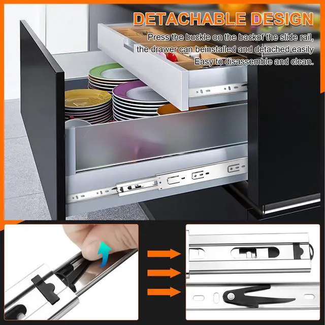 Alt view image 6 of 7 - 14 inch Drawer Slides 4 Pairs (8pcs) 3 fold Full Extension Side Mount Cabinet Drawer Glides 14" Silver Cabinet Rails for Dresser, Cabinet, Kitchen,Trash Can, Wardrobe 100 LB Capacity