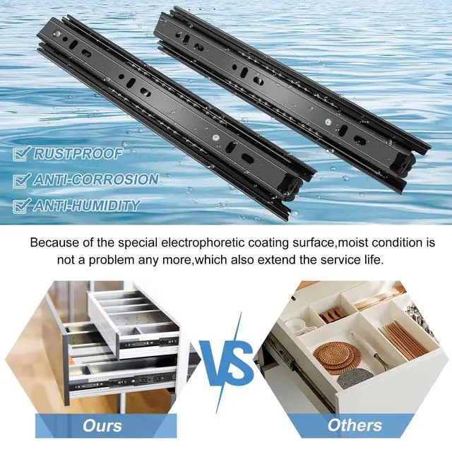 Alt view image 2 of 7 - 16 inch Drawer Slides 4 Pairs (8pcs) Full Extension Ball Bearing Drawer Rails Side Mount 3 fold Metal Dresser Runners for File Cabinet Trash Can Kitchen Wardrobe Glides 16" Black 100 LB Capacity