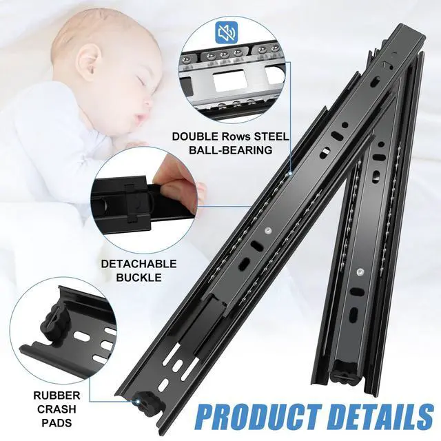 Alt view image 3 of 7 - 16 inch Drawer Slides 4 Pairs (8pcs) Full Extension Ball Bearing Drawer Rails Side Mount 3 fold Metal Dresser Runners for File Cabinet Trash Can Kitchen Wardrobe Glides 16" Black 100 LB Capacity