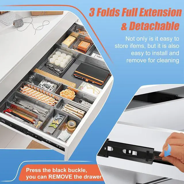Alt view image 6 of 7 - 16 inch Drawer Slides 4 Pairs (8pcs) Full Extension Ball Bearing Drawer Rails Side Mount 3 fold Metal Dresser Runners for File Cabinet Trash Can Kitchen Wardrobe Glides 16" Black 100 LB Capacity