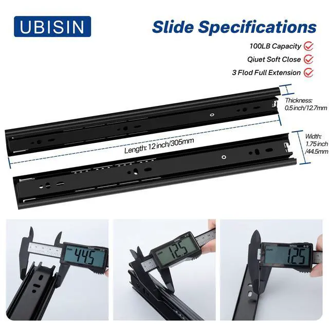 Alt view image 2 of 7 - Black Heavy Duty Drawer Slides 12 Inch 1 Pair Side Mount 100LB