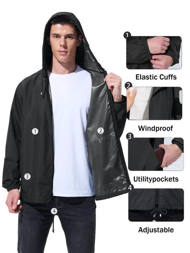 Alt view image 6 of 6 - Mens Rain Jacket Raincoat Waterproof Windbreaker Black L