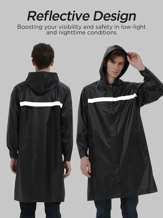 Alt view image 2 of 6 - Mens Long Safety Rain Coats with Air Vents Reflective Stripes Waterproof Packable Work Rain Jacket with Hood Lightweight Emergency Raincoat Ponchos (Black,Large)