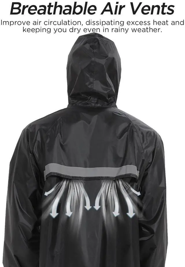 Alt view image 3 of 6 - Mens Long Safety Rain Coats with Air Vents Reflective Stripes Waterproof Packable Work Rain Jacket with Hood Lightweight Emergency Raincoat Ponchos (Black,Large)