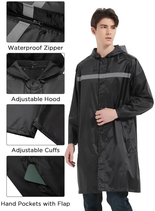 Alt view image 5 of 6 - Mens Long Safety Rain Coats with Air Vents Reflective Stripes Waterproof Packable Work Rain Jacket with Hood Lightweight Emergency Raincoat Ponchos (Black,Large)