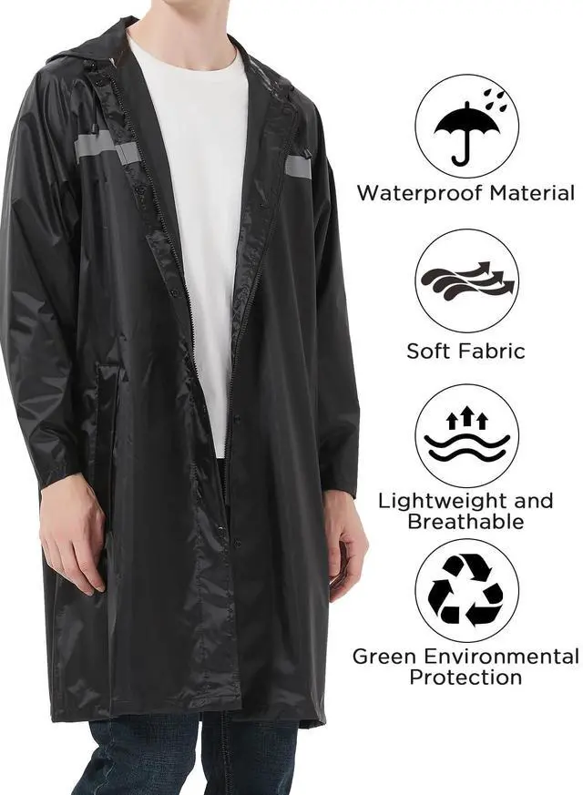Alt view image 6 of 6 - Mens Long Safety Rain Coats with Air Vents Reflective Stripes Waterproof Packable Work Rain Jacket with Hood Lightweight Emergency Raincoat Ponchos (Black,Large)