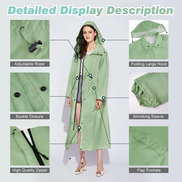 Alt view image 4 of 6 - Womens Long Raincoats Rain Jacket Waterproof Packable Outdoor Hooded Windbreaker Lightweight Adjustable Waist for Outdoors(Green, XL)