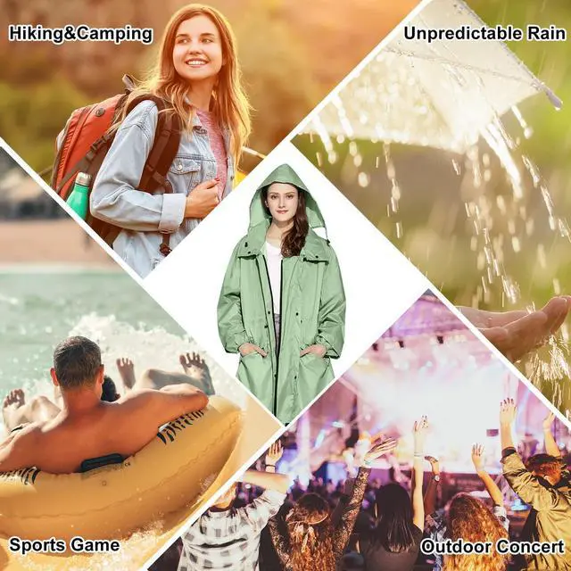 Alt view image 2 of 6 - Womens Long Raincoats Rain Jacket Waterproof Packable Outdoor Hooded Windbreaker Lightweight Adjustable Waist for Outdoors(Green, XL)