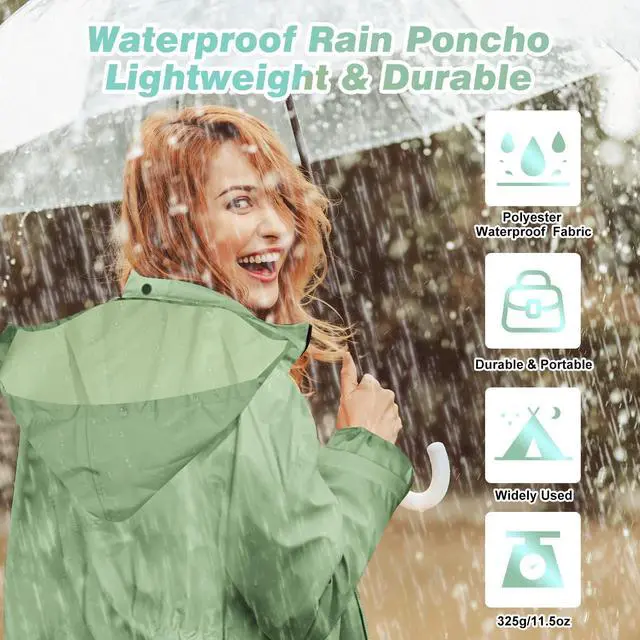 Alt view image 3 of 6 - Womens Long Raincoats Rain Jacket Waterproof Packable Outdoor Hooded Windbreaker Lightweight Adjustable Waist for Outdoors(Green, XL)