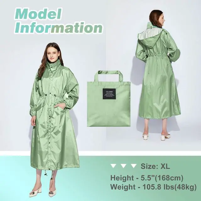 Alt view image 5 of 6 - Womens Long Raincoats Rain Jacket Waterproof Packable Outdoor Hooded Windbreaker Lightweight Adjustable Waist for Outdoors(Green, XL)