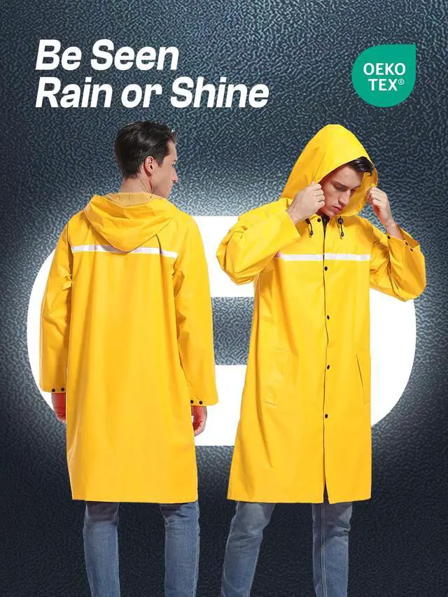 Alt view image 3 of 7 - Mens Long Hooded Safety Rain Jacket Waterproof Emergency Raincoat Poncho (Yellow, L)