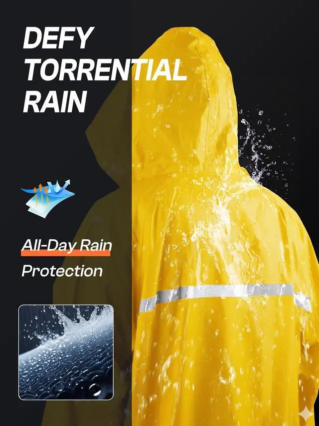 Alt view image 4 of 7 - Mens Long Hooded Safety Rain Jacket Waterproof Emergency Raincoat Poncho (Yellow, L)
