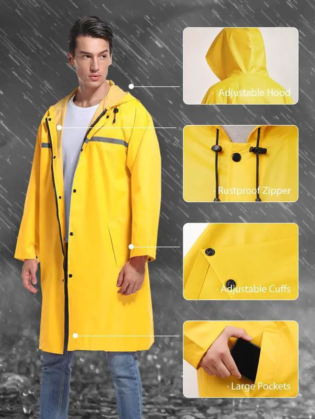 Alt view image 6 of 7 - Mens Long Hooded Safety Rain Jacket Waterproof Emergency Raincoat Poncho (Yellow, L)