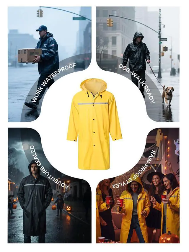 Alt view image 7 of 7 - Mens Long Hooded Safety Rain Jacket Waterproof Emergency Raincoat Poncho (Yellow, L)