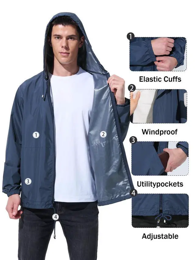 Alt view image 5 of 6 - Mens Rain Jacket Raincoat Waterproof Windbreaker Navy Blue XL