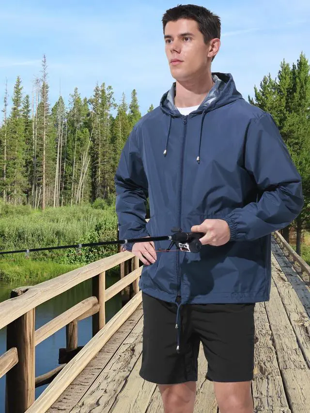 Alt view image 3 of 6 - Mens Rain Jacket Raincoat Waterproof Windbreaker Navy Blue XL