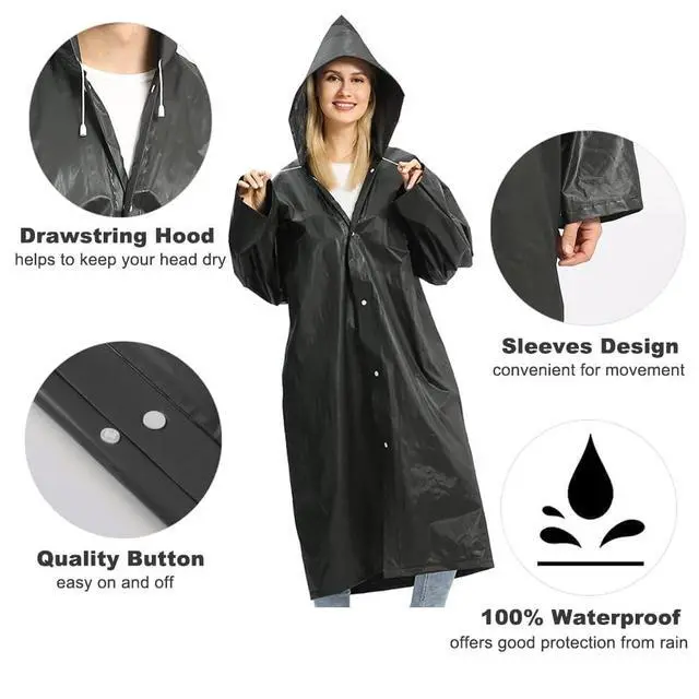 Alt view image 3 of 7 - Unisex Adult Black EVA Waterproof Rain Poncho Coat with Hood and Long Sleeves