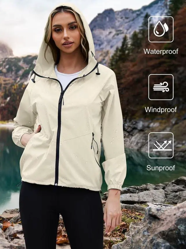 Alt view image 2 of 5 - Rain Jackets For Women Light Raincoat Waterproof Beige, L