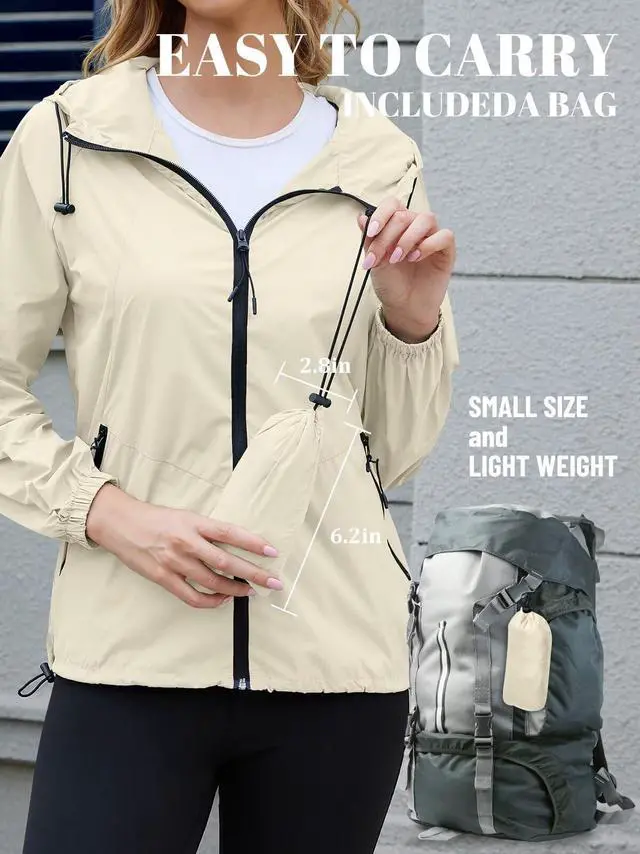 Alt view image 5 of 5 - Rain Jackets For Women Light Raincoat Waterproof Beige, L