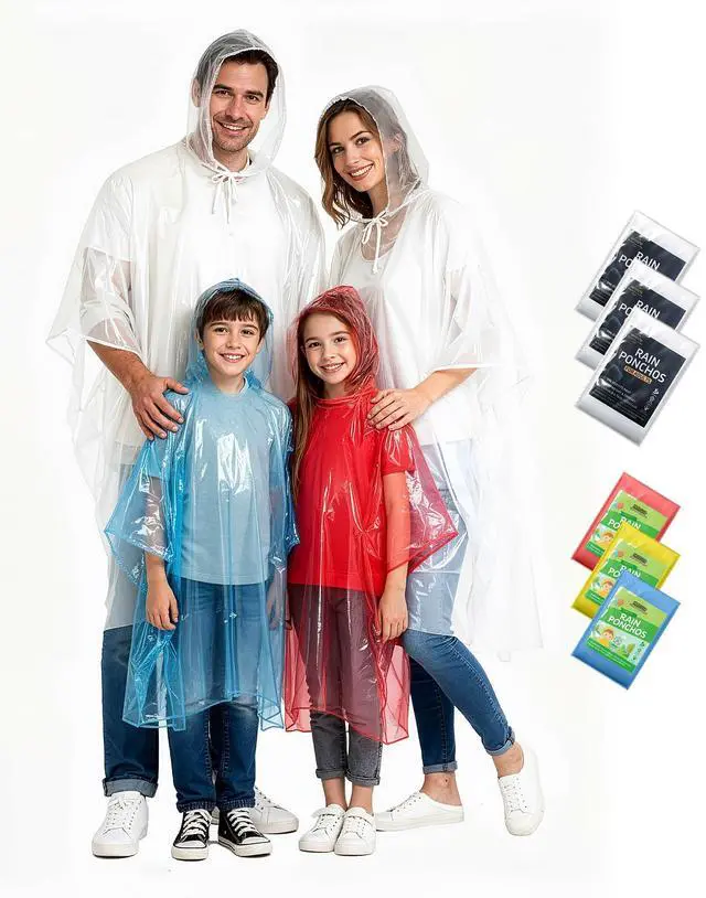 Main image of Rain Ponchos Family Pack Disposable Poncho for Kids&Adults with Drawstring Hood, Waterproof, Lightweight & Breathable, Clear & Assorted Colors Emergency Raincoat for Travel, Theme Parks