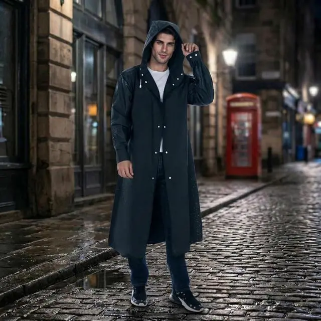 Alt view image 3 of 6 - Men's Reusable EVA Long Raincoat, Windproof Waterproof Trench Coat for Hiking Fishing Dog Walking Outdoor Activities