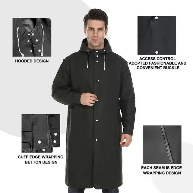 Alt view image 5 of 6 - Men's Reusable EVA Long Raincoat, Windproof Waterproof Trench Coat for Hiking Fishing Dog Walking Outdoor Activities