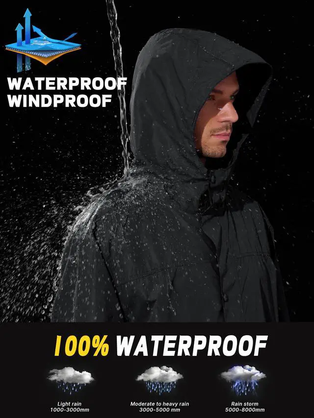 Alt view image 3 of 6 - Mens Long Rain Jacket Raincoat Waterproof Rain Poncho Black M