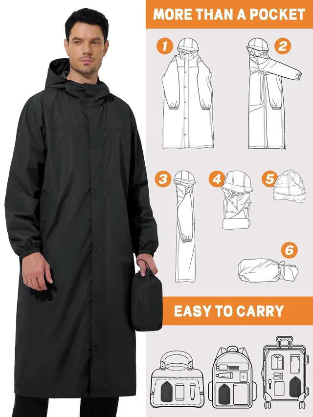 Alt view image 4 of 6 - Mens Long Rain Jacket Raincoat Waterproof Rain Poncho Black M